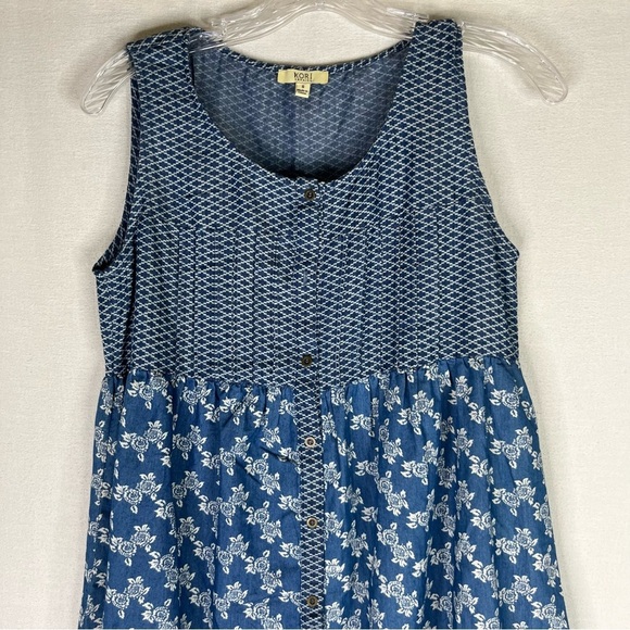 Kori America Dress Women’s Blue White Diamond Floral Sleeveless Hi Low Button S - Picture 3 of 10